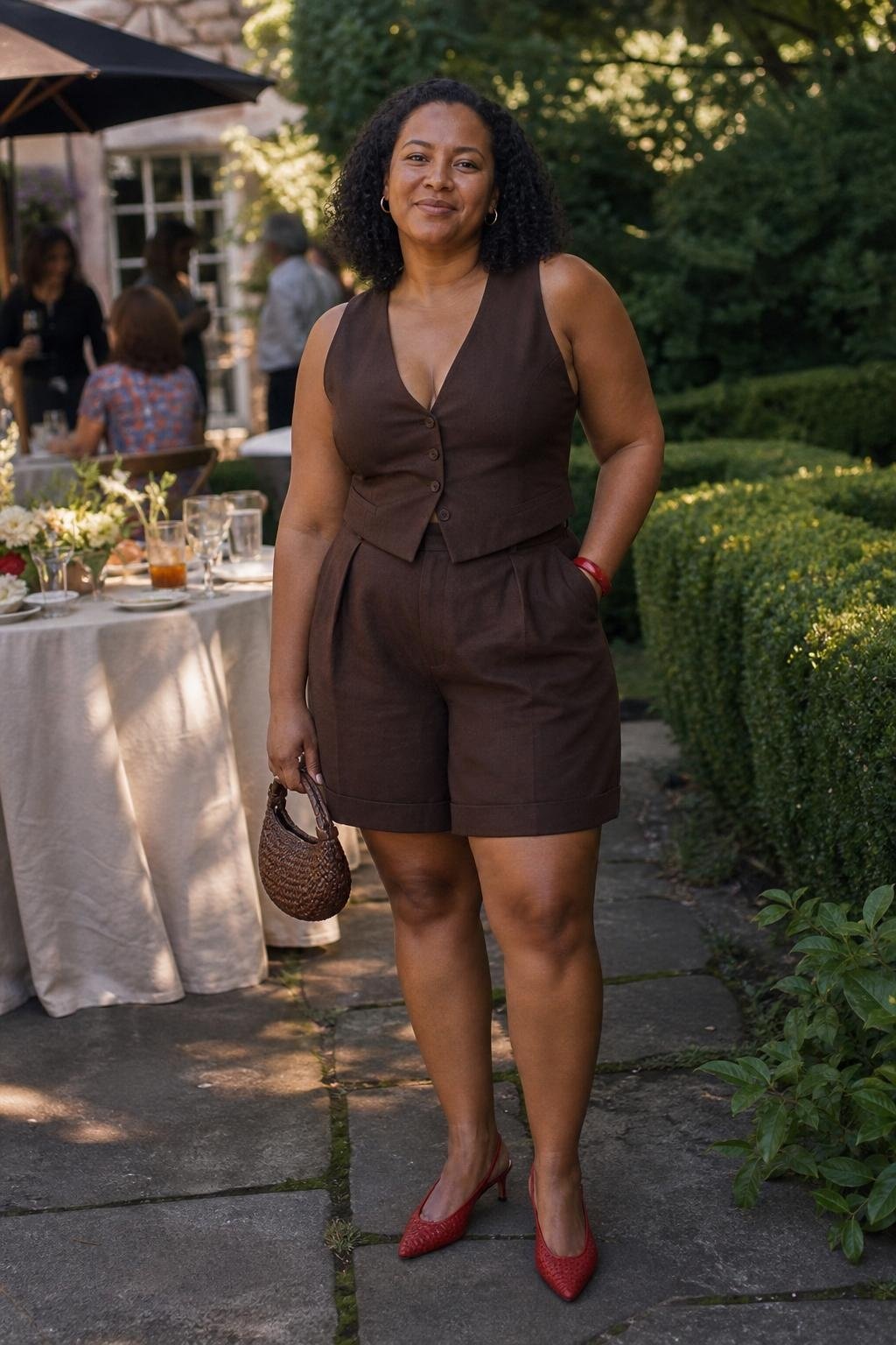 Chocolate linen vest and matching shorts, red slingback flats, woven mini bag, shaded garden party (option 2)
