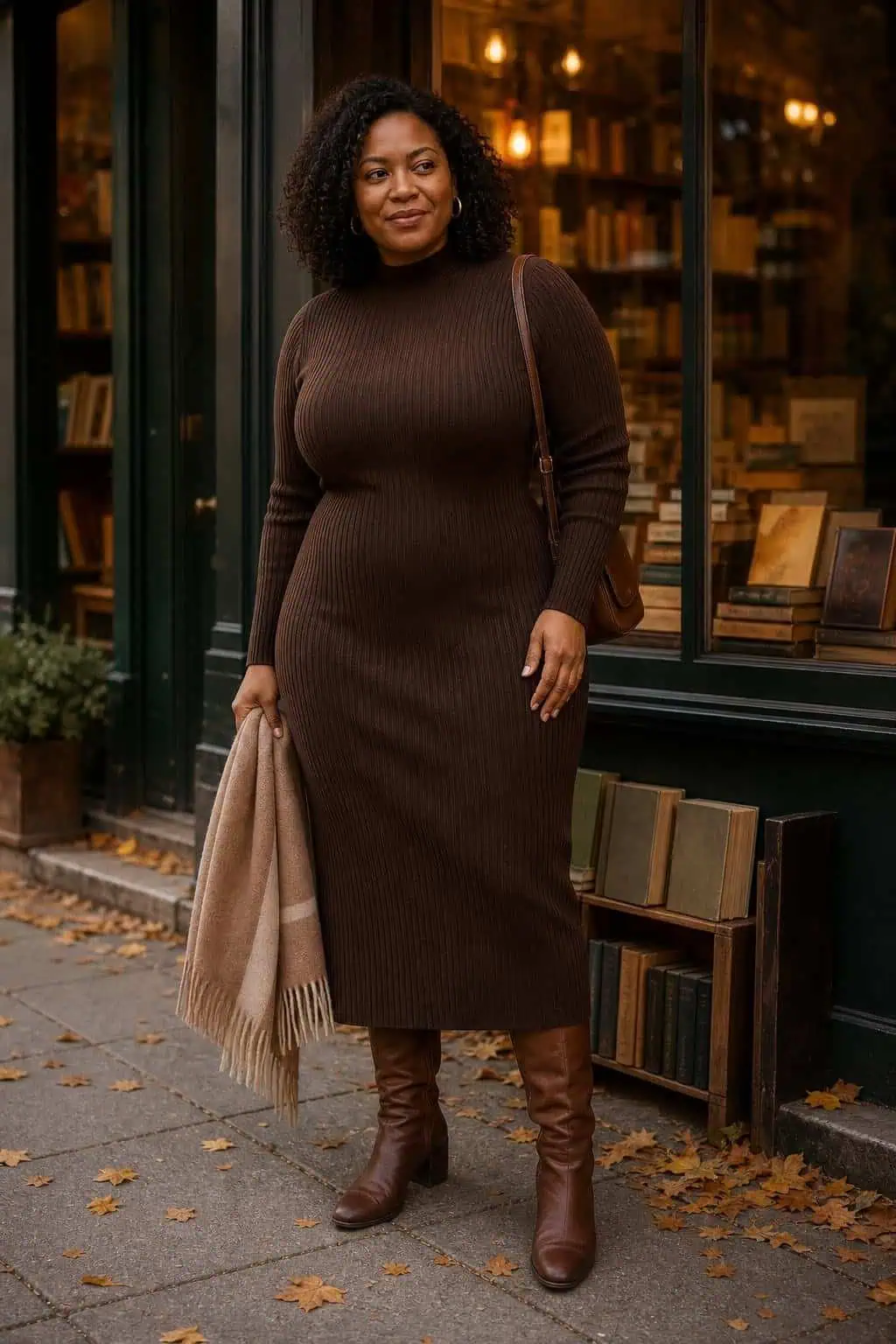Chocolate ribbed knit midi dress, tall brown leather boots, wool scarf outside a small bookshop (option 1)