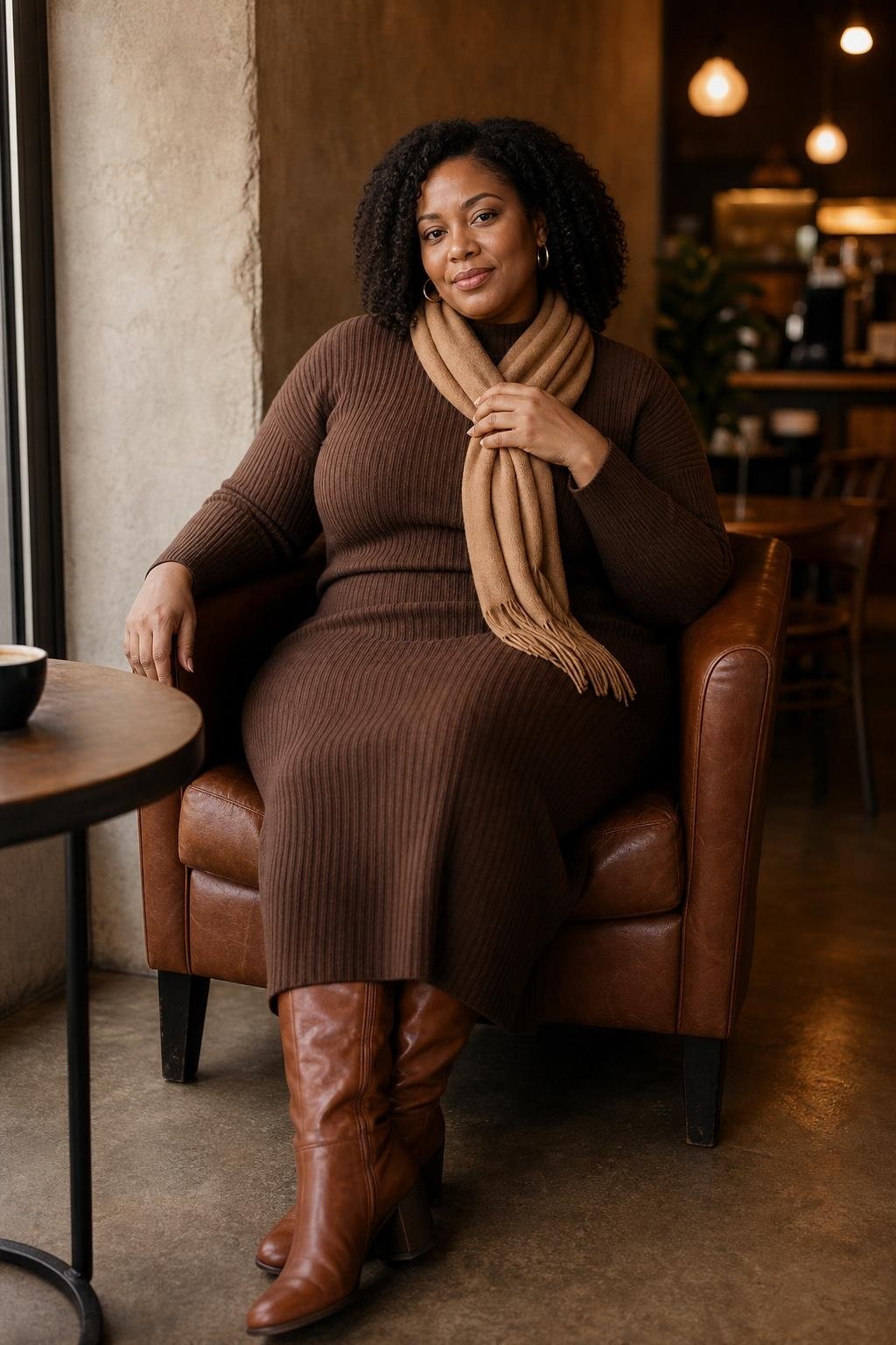 Chocolate ribbed knit midi skirt set, tall cognac boots, camel scarf, cozy café corner (option 1)