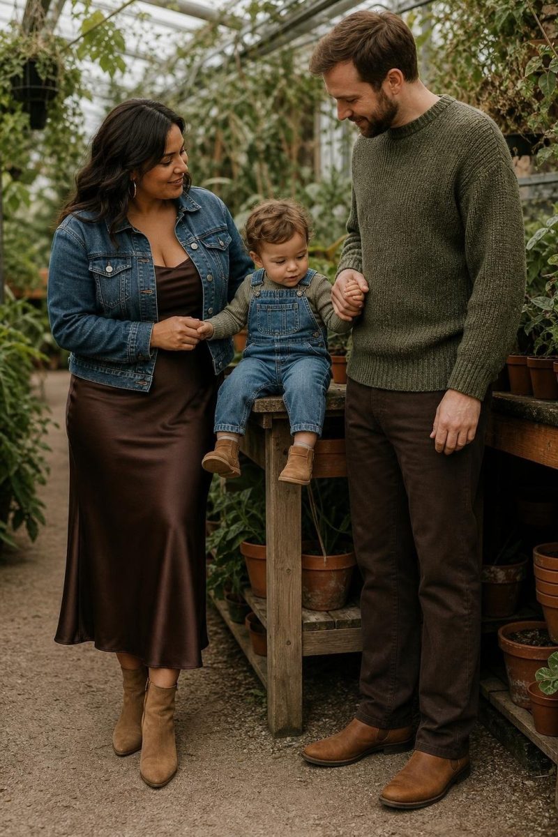 Chocolate satin skirt, moss green knit sweater, denim jacket, tan ankle boots in a garden greenhouse scene (option 1)
