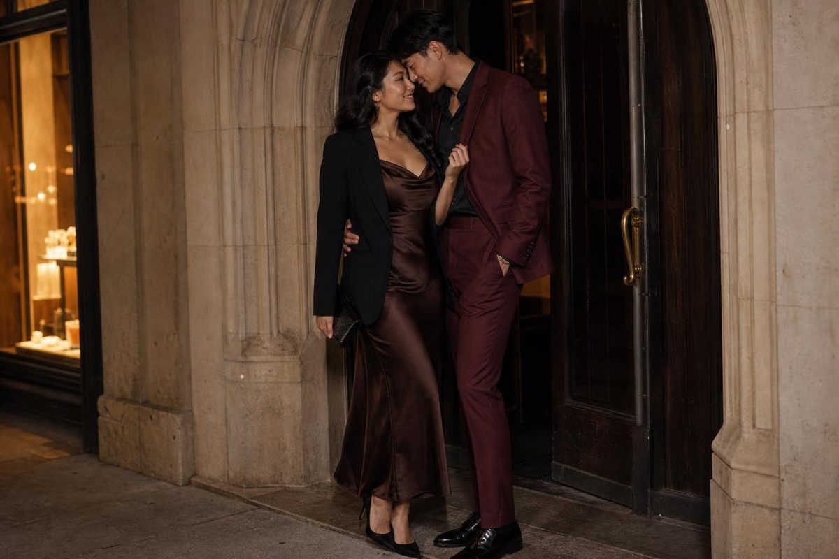 Chocolate satin slip dress with black blazer and suede heels in a moody downtown doorway (option 1)