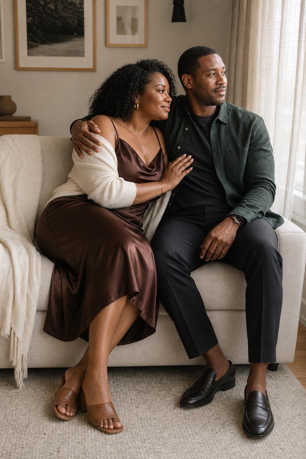 Chocolate satin slip dress with cream cardigan in a softly lit home living room (option 1)