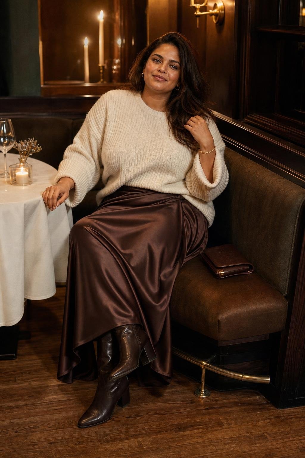 Chocolate satin slip skirt with chunky cream sweater, tall boots, candlelit dinner setting (option 2)