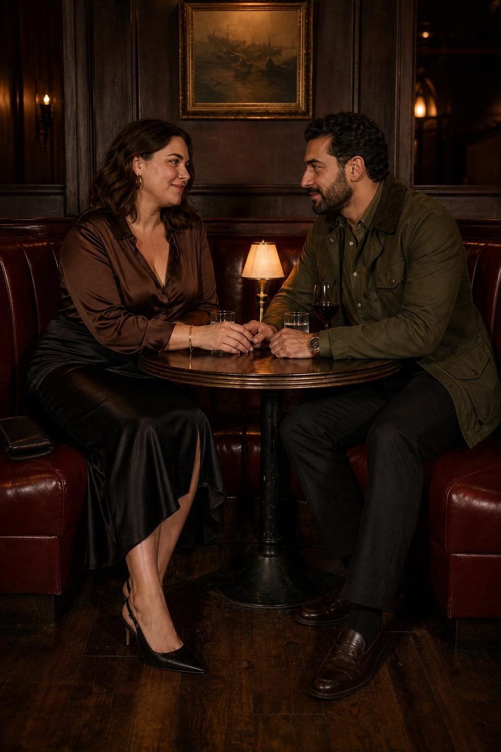Chocolate silk shirt with black satin skirt, olive field jacket, olive button-down and dark trousers, intimate steakhouse booth (option 1)