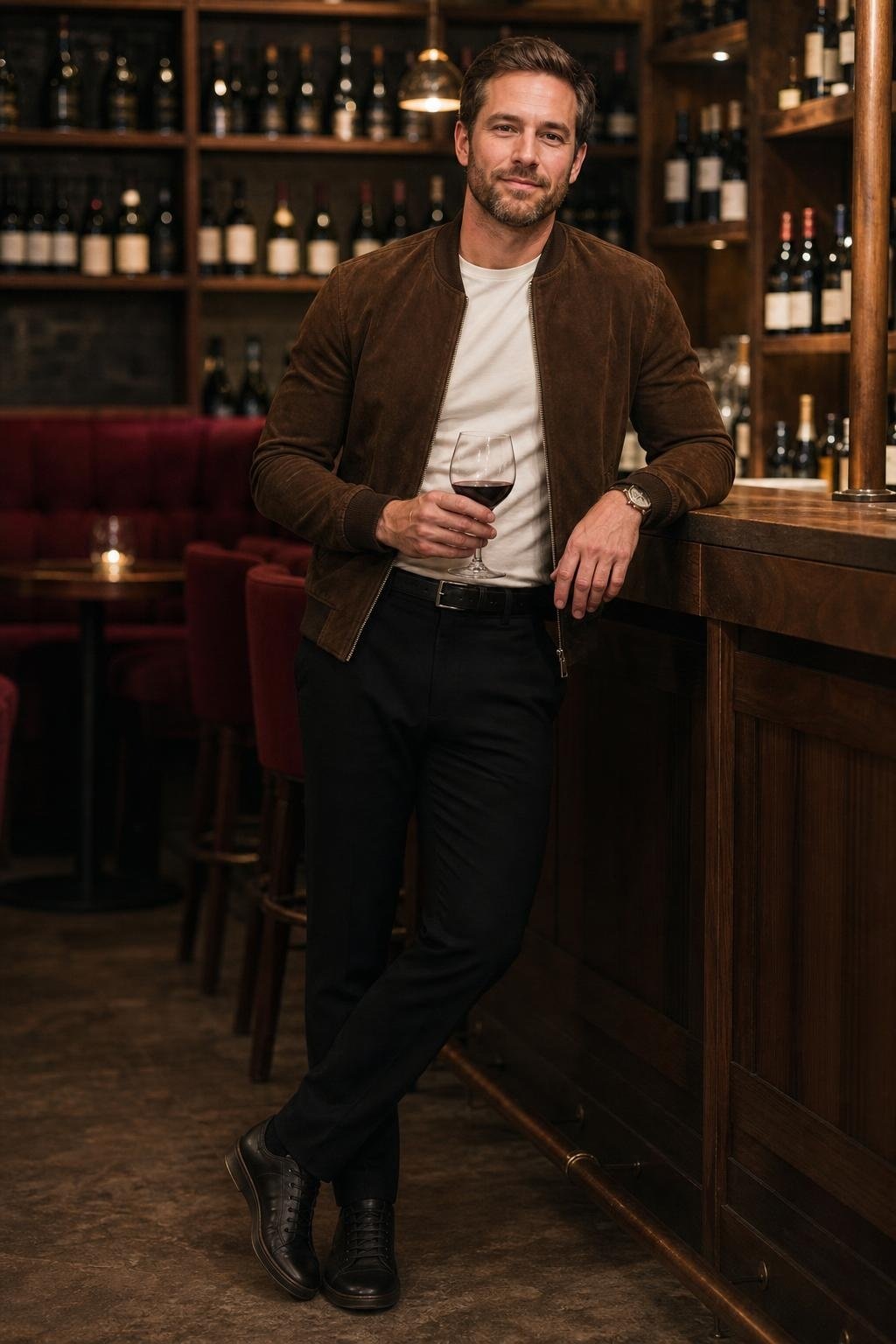 Chocolate suede bomber jacket, black straight-leg trousers, off-white tee, dark leather sneakers, evening wine bar scene (option 2)
