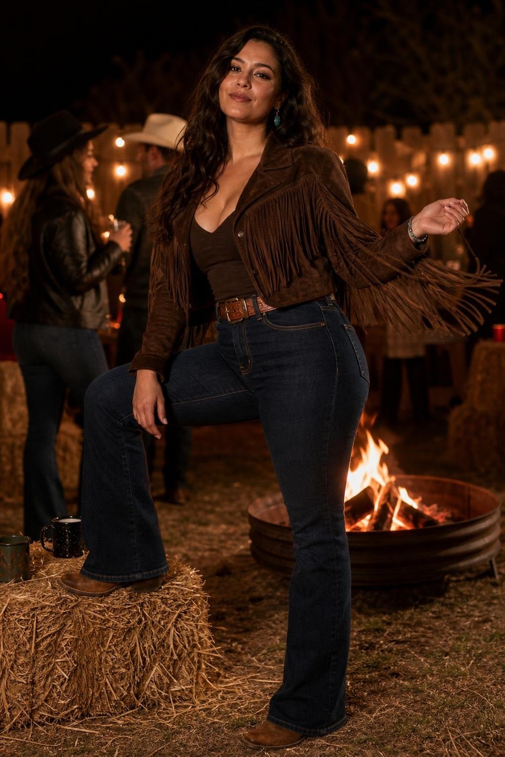 Chocolate suede fringe jacket, dark denim, cowboy boots, rustic backyard Halloween party (option 2)
