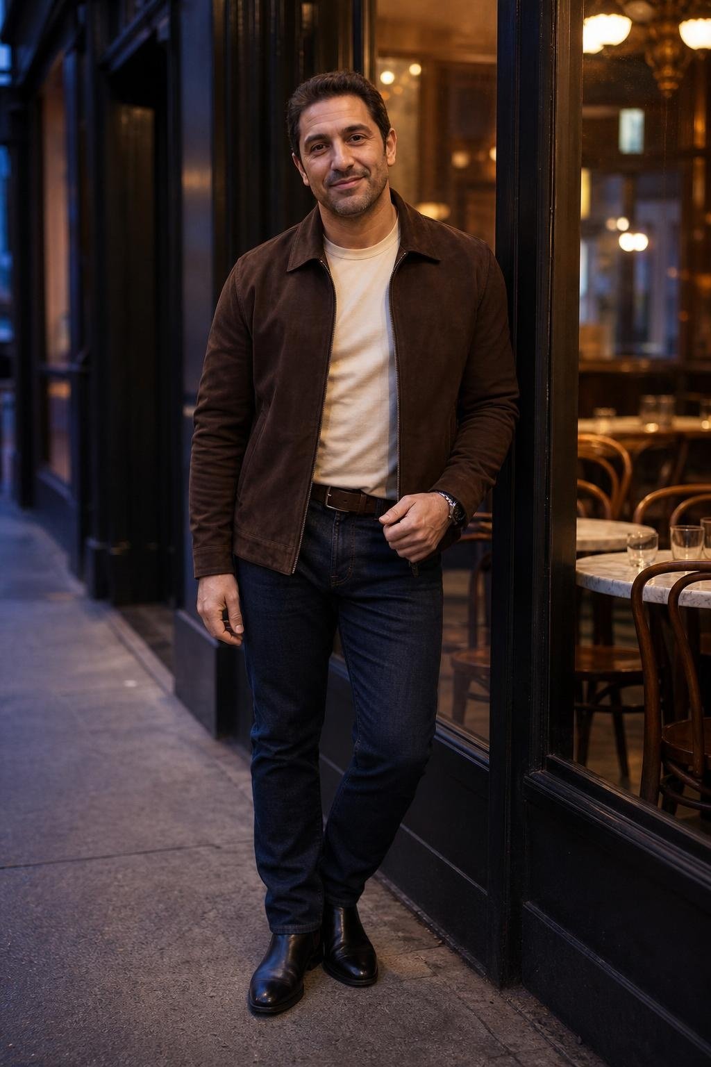 Chocolate suede jacket, ecru crewneck tee, indigo jeans, black Chelsea boots, evening sidewalk restaurant scene (option 1)
