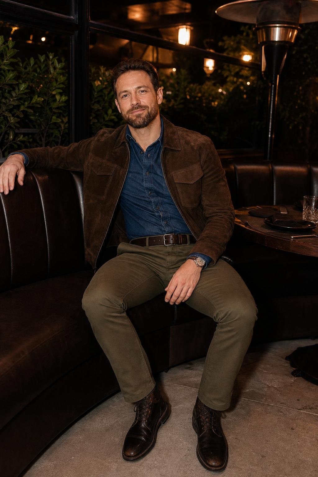 Chocolate suede jacket, medium blue denim shirt, olive chinos, dark brown boots, cozy steakhouse booth scene (option 1)