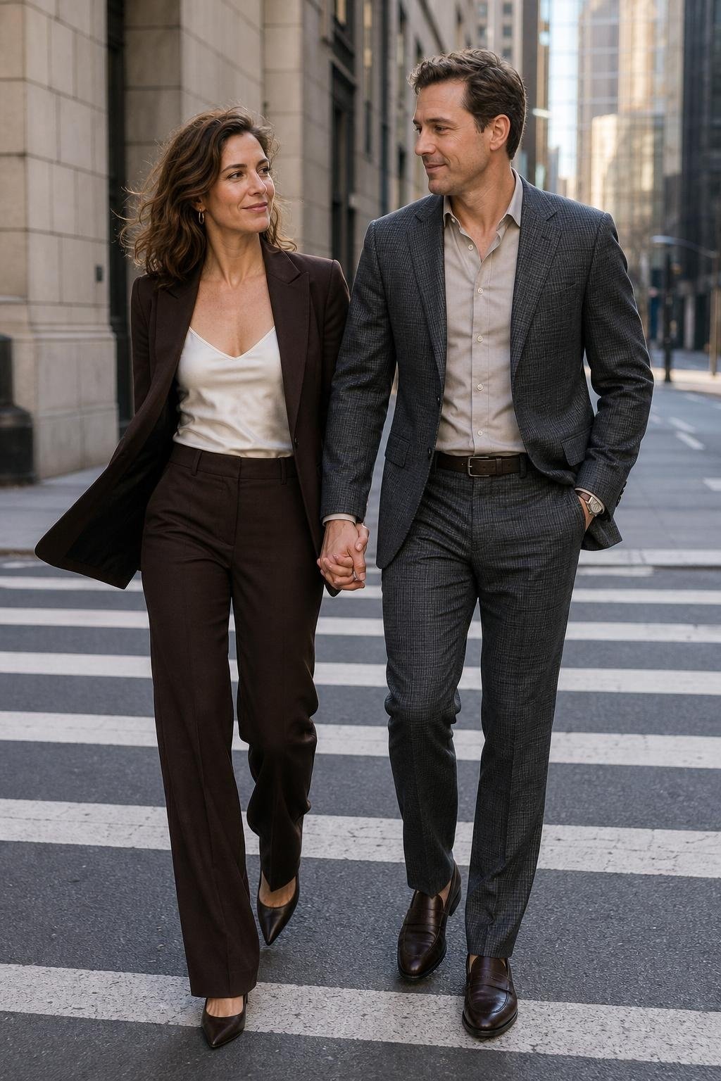 Chocolate tailored suit with ivory camisole and pointed heels in a downtown crosswalk (option 1)
