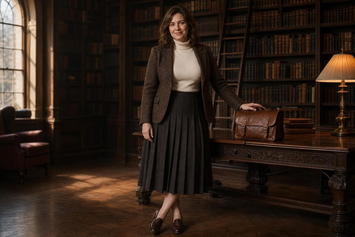 Chocolate tweed blazer, cream turtleneck, pleated wool skirt, loafers, leather satchel in a moody old library (option 1)