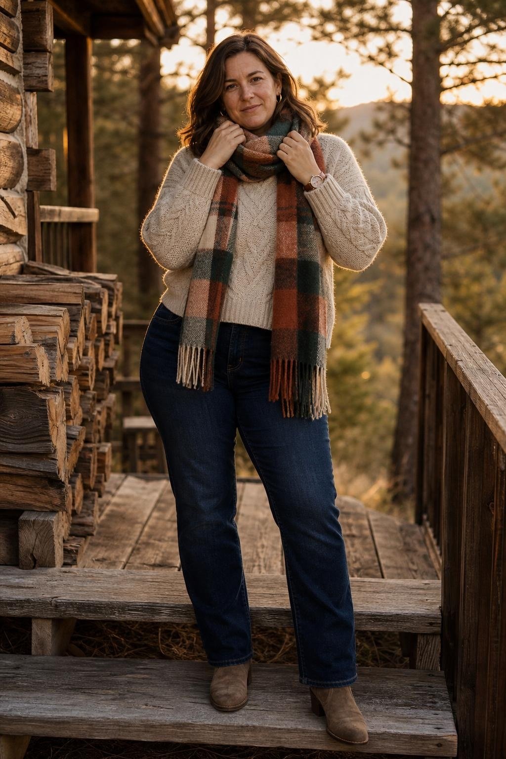 Chunky oatmeal knit sweater with dark jeans, suede boots, plaid scarf, cabin porch mood (option 1)