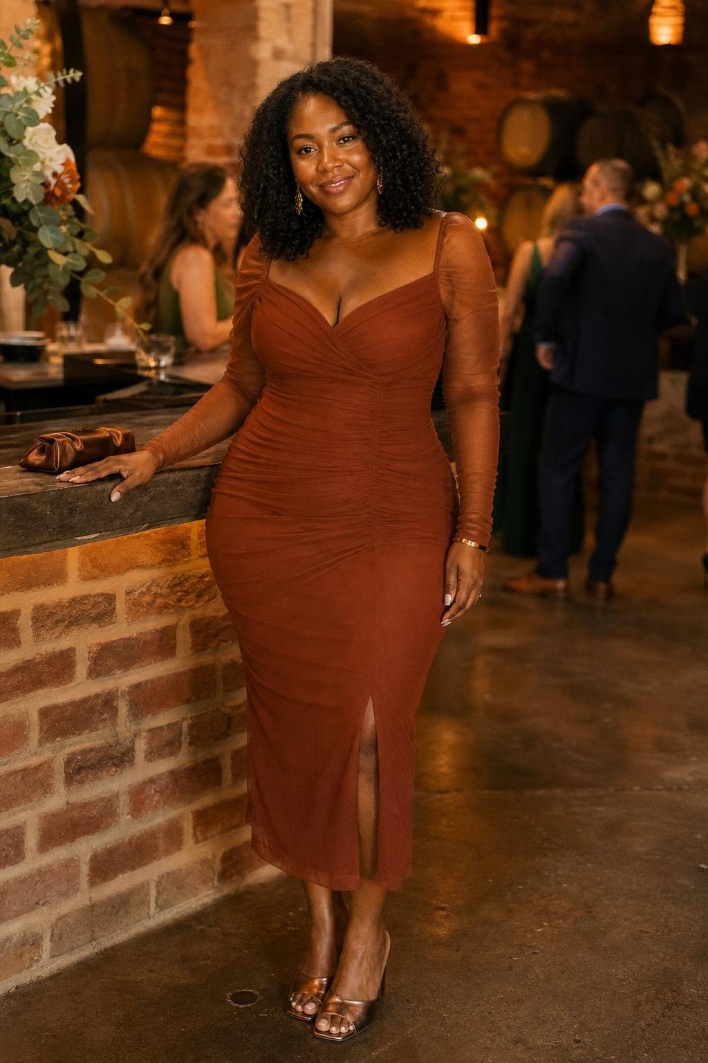 cinnamon mesh midi dress with bronze mules at a warm autumn wedding (option 1)