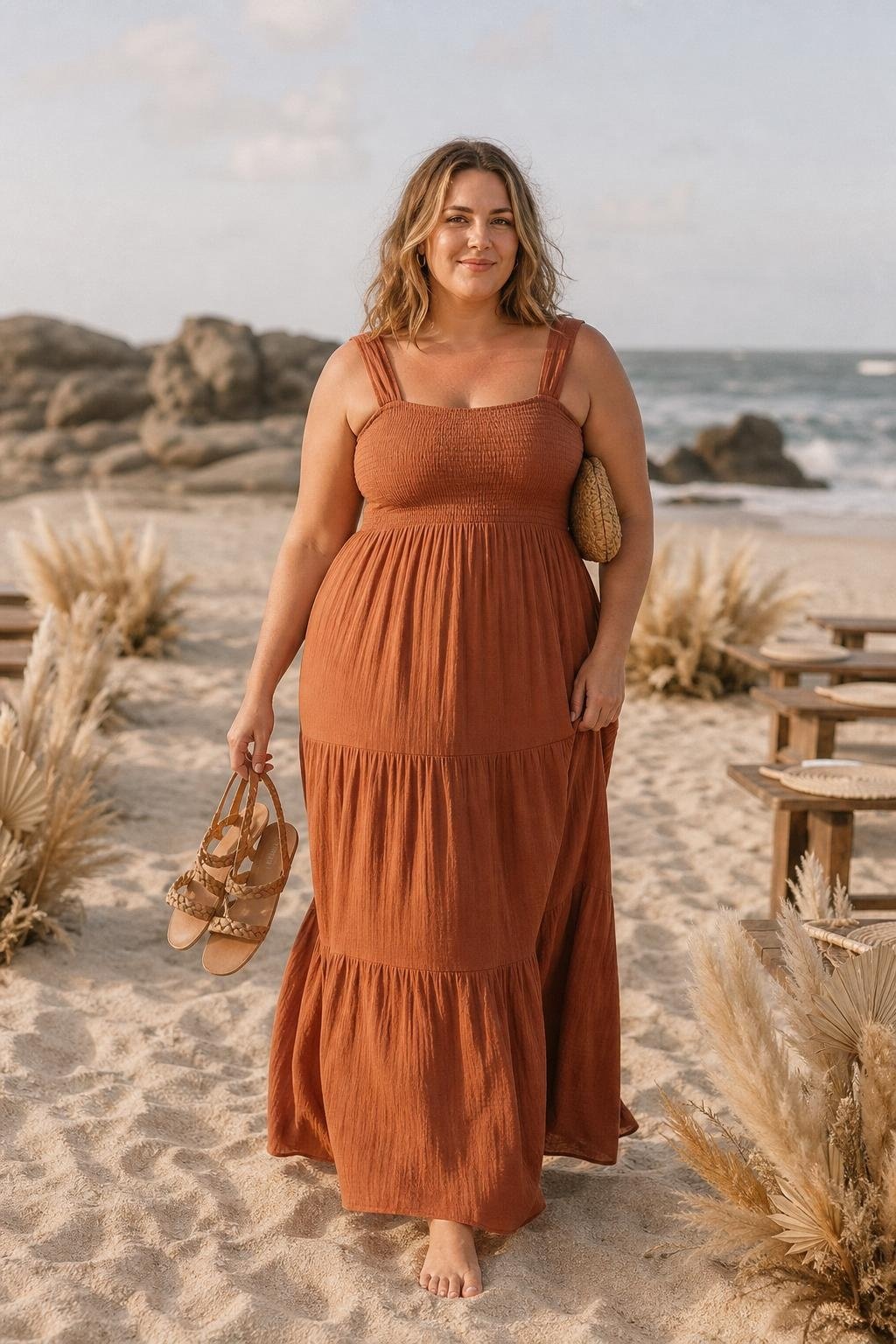 Cinnamon smocked maxi dress with braided sandals on a relaxed sandy ceremony aisle (option 2)
