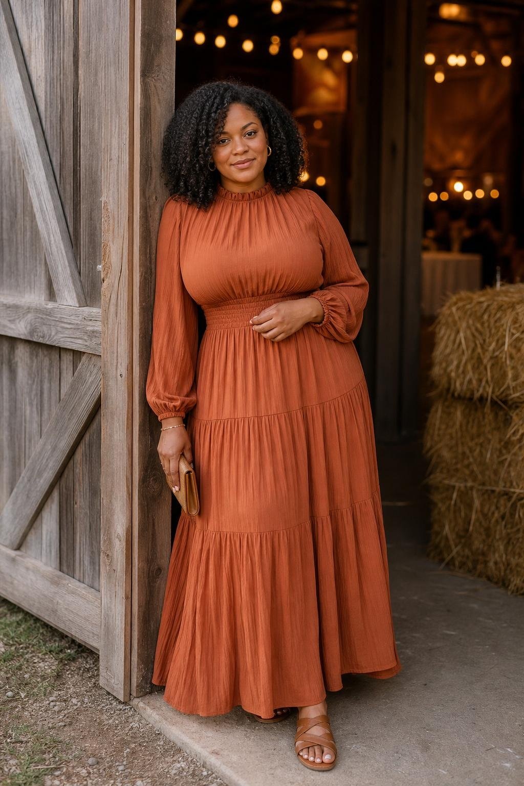 Cinnamon smocked-waist maxi dress with long sleeves, leather sandals, warm barn wedding atmosphere (option 2)