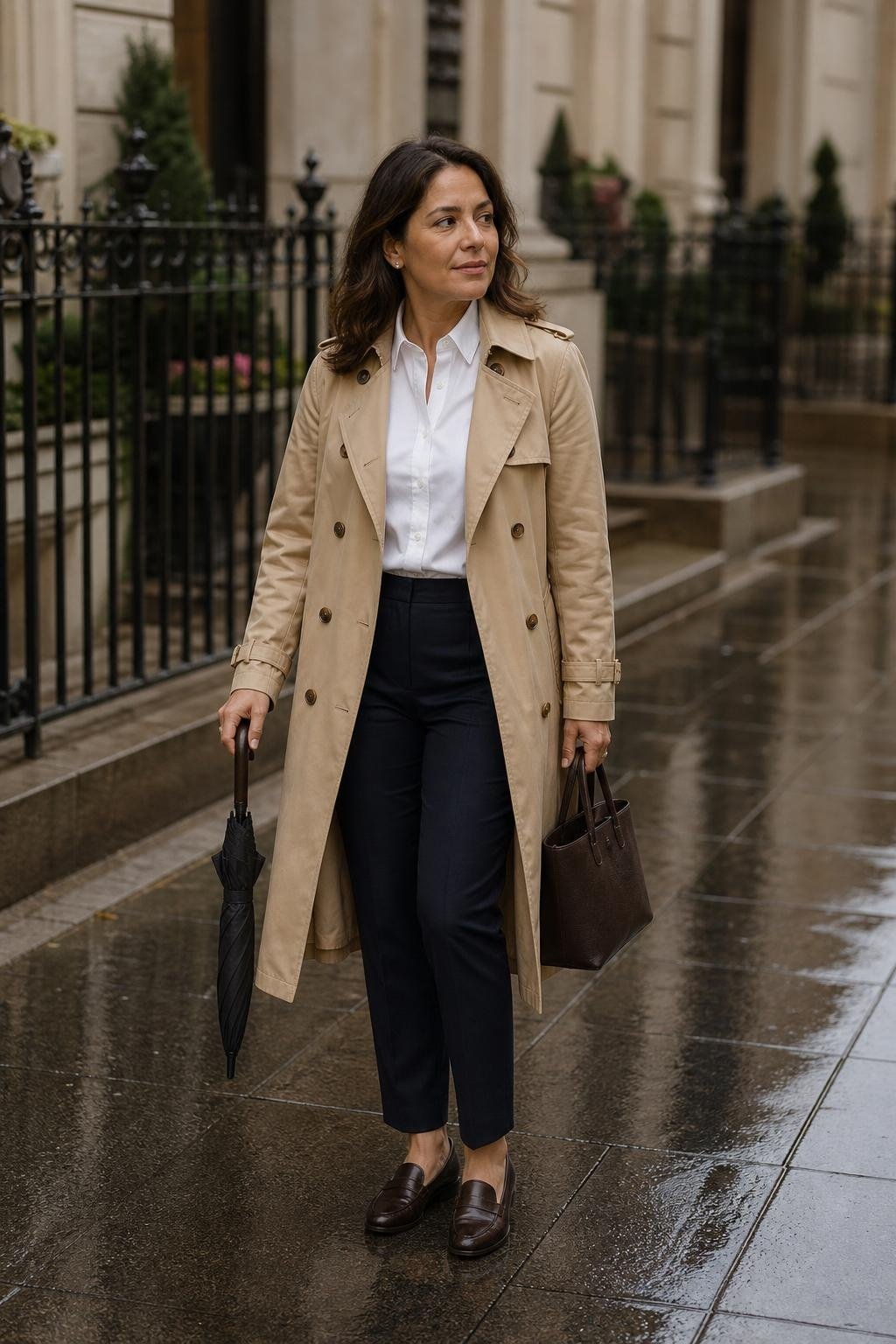 Classic beige trench coat, white shirt, navy ankle trousers, loafers, rainy city street with polished mood (option 1)