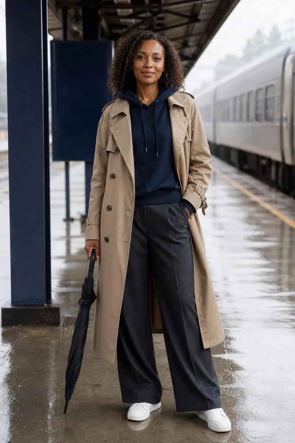 Classic beige trench, navy hoodie, charcoal wide-leg trousers, white sneakers, rainy train platform (option 1)