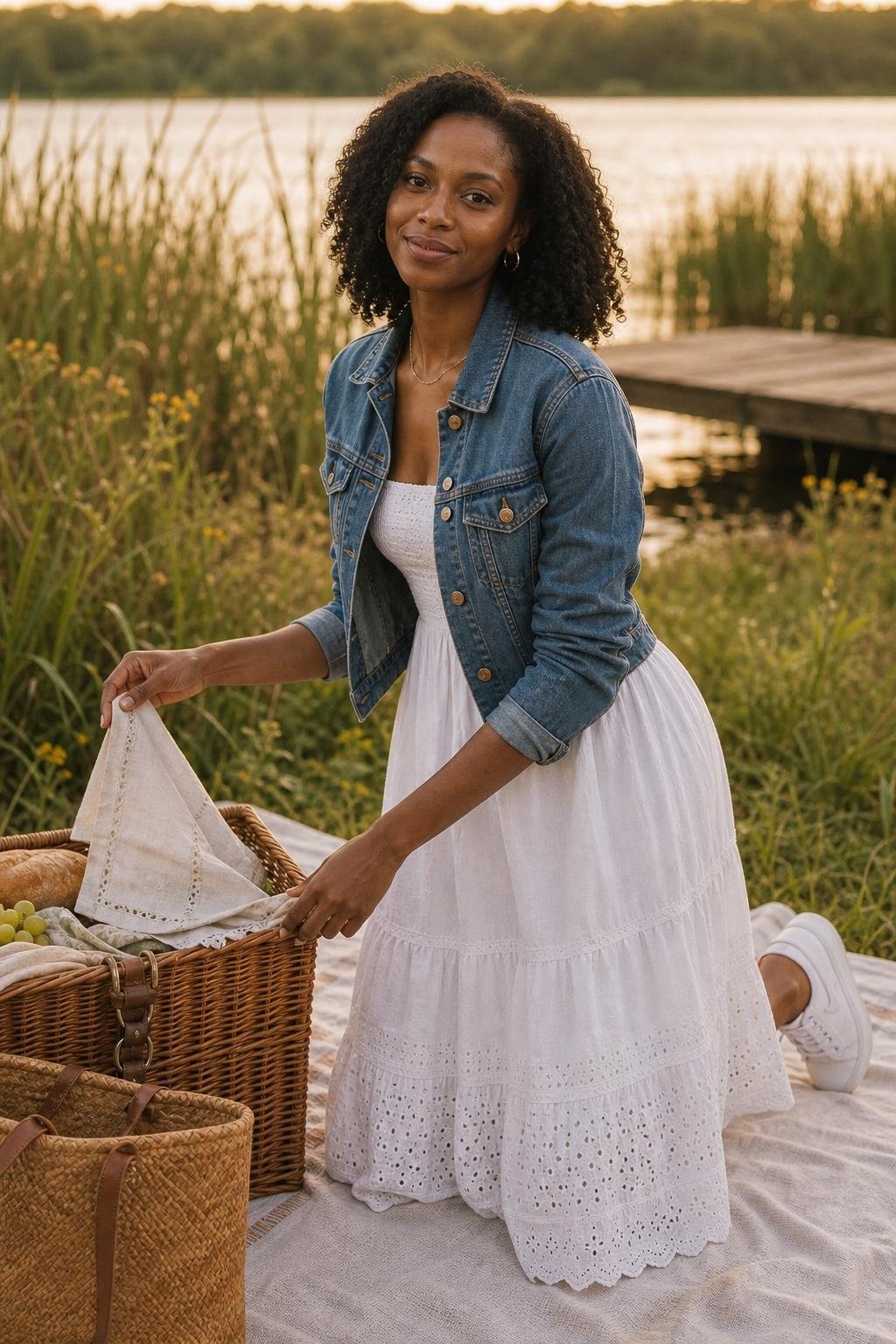 Classic blue denim jacket over white sundress with sneakers, evening picnic mood (option 2)