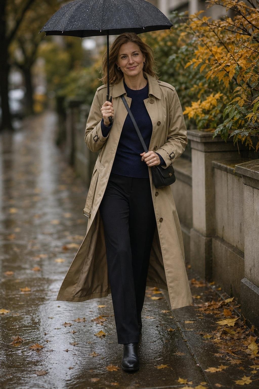 Classic khaki trench over navy sweater and black trousers, umbrella, rainy sidewalk mood (option 1)