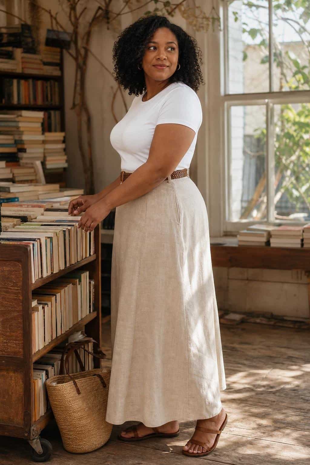 Classic white tee, natural linen maxi skirt, brown sandals, woven belt, sunny bookshop street scene (option 1)