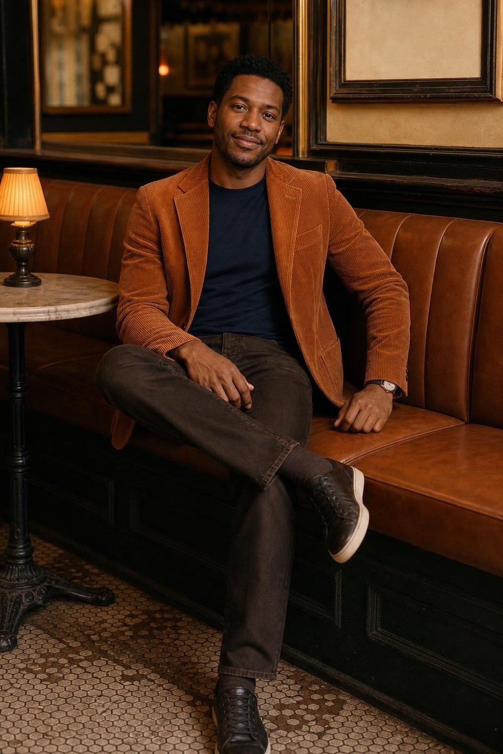 Clay corduroy blazer, navy tee, dark brown jeans, leather sneakers, warm neighborhood bistro dinner (option 2)