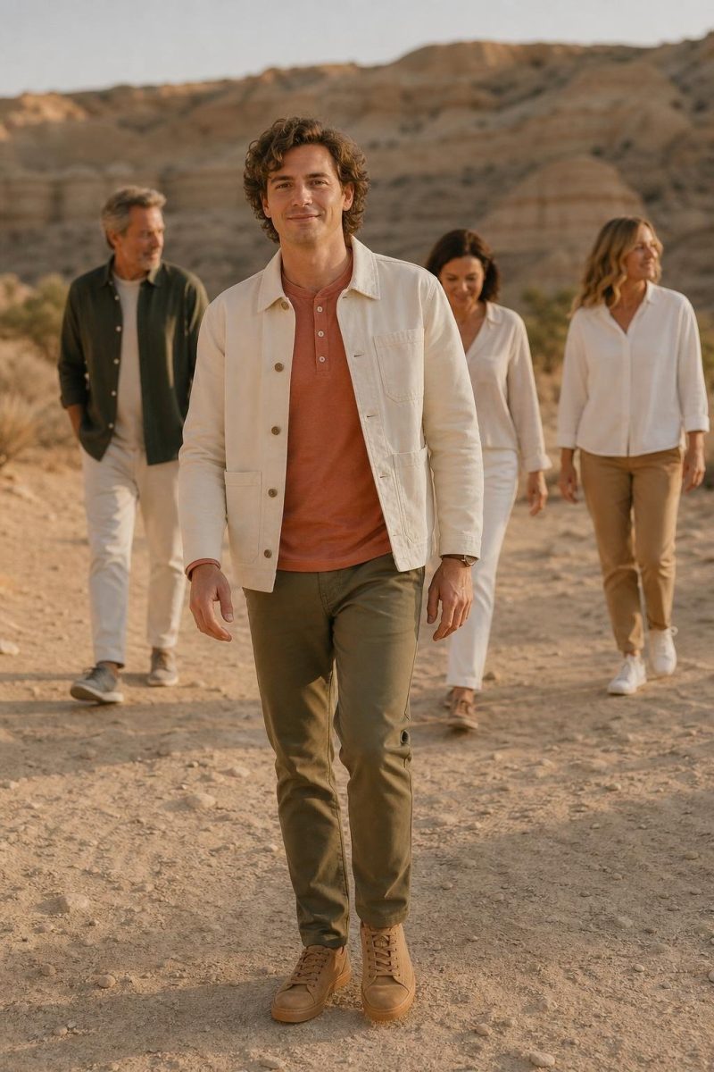 Clay henley, cream canvas jacket, olive trousers, tan sneakers, sunlit desert family portrait (option 1)