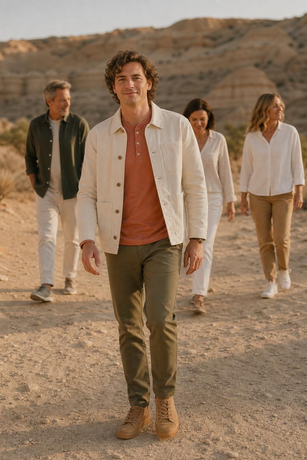 Clay henley, cream canvas jacket, olive trousers, tan sneakers, sunlit desert family portrait (option 1)
