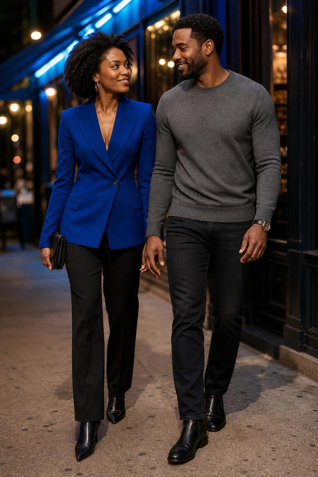 Cobalt blazer over black trousers with slate gray knit and black jeans, city dinner sidewalk mood (option 2)