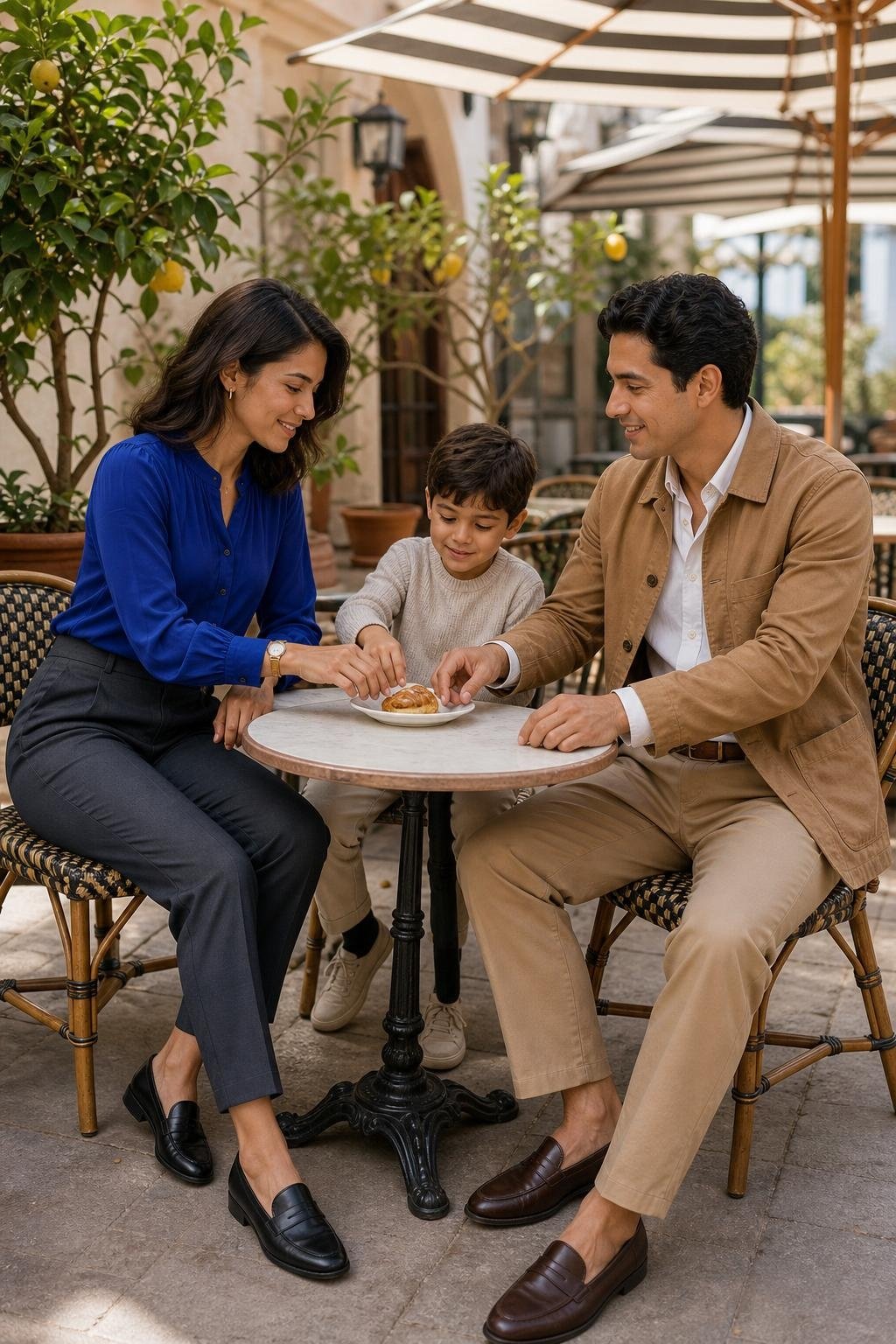 Cobalt blouse, camel trousers, white button-down, loafers, bright cafe patio family scene (option 1)