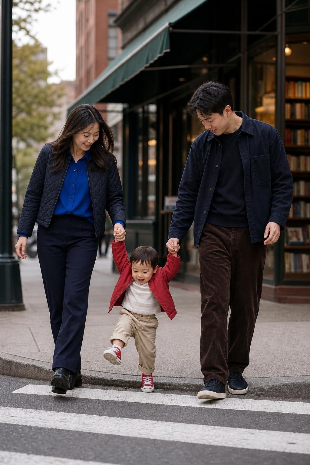 Cobalt blouse, chocolate corduroy trousers, red canvas sneakers, navy quilted jacket in a downtown sidewalk scene (option 2)