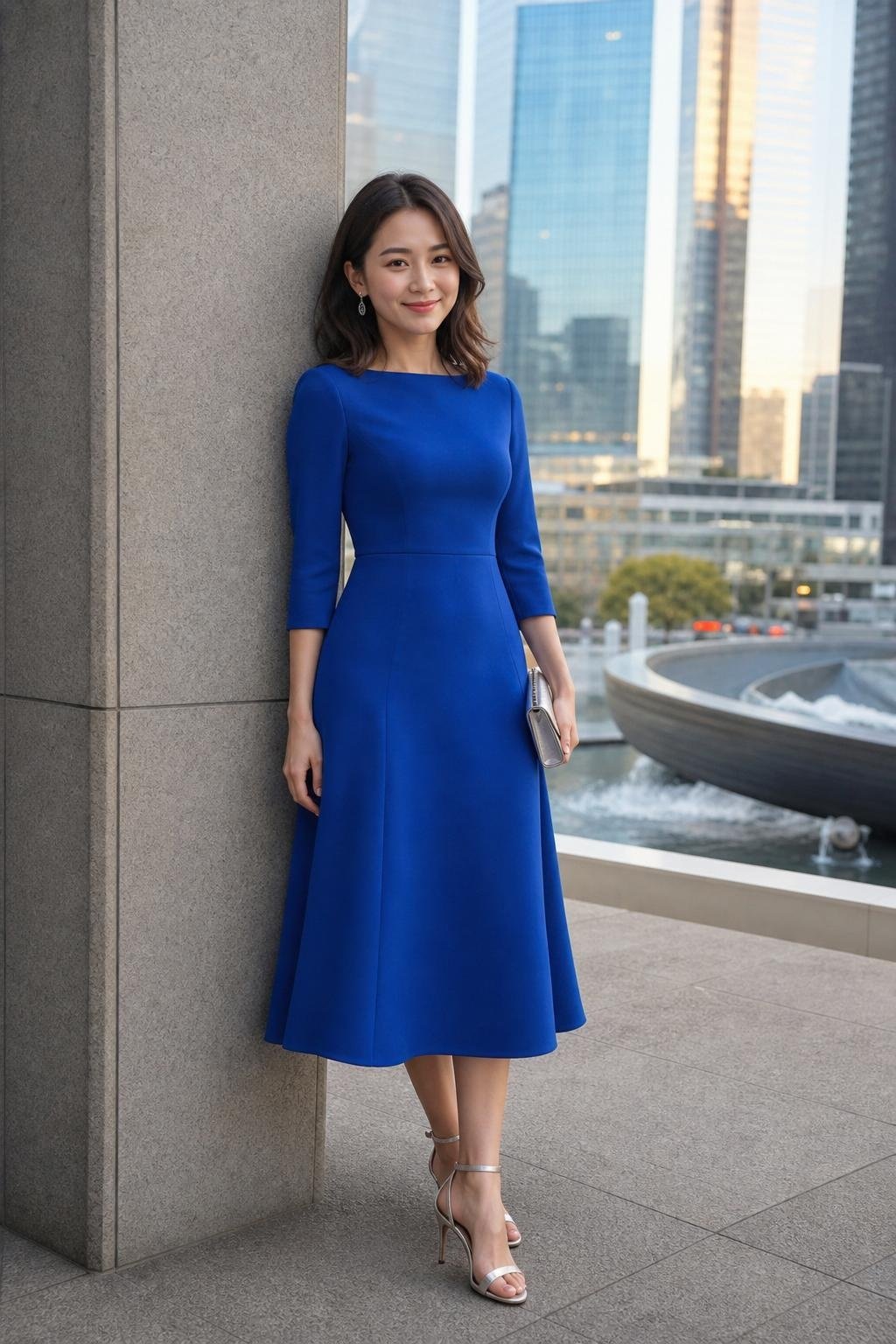 Cobalt blue A-line midi dress with three-quarter sleeves, silver heels, modern city wedding (option 2)
