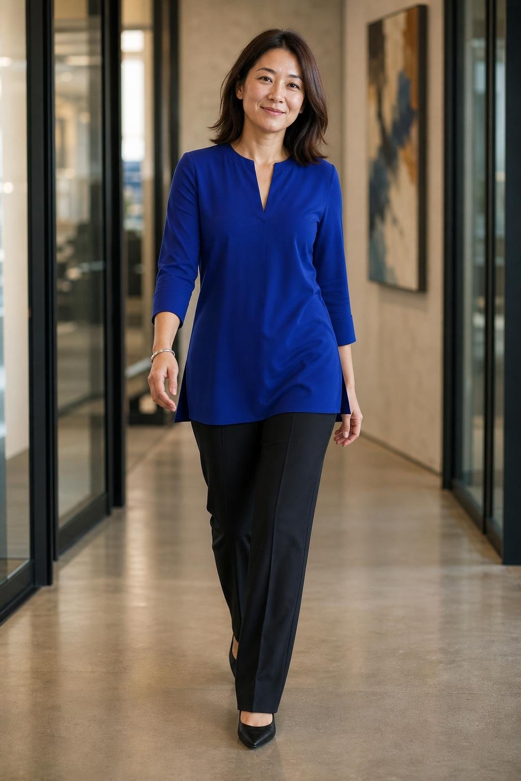 Cobalt blue tunic top, straight black trousers, pointed flats, silver bracelet, modern office hallway (option 2)