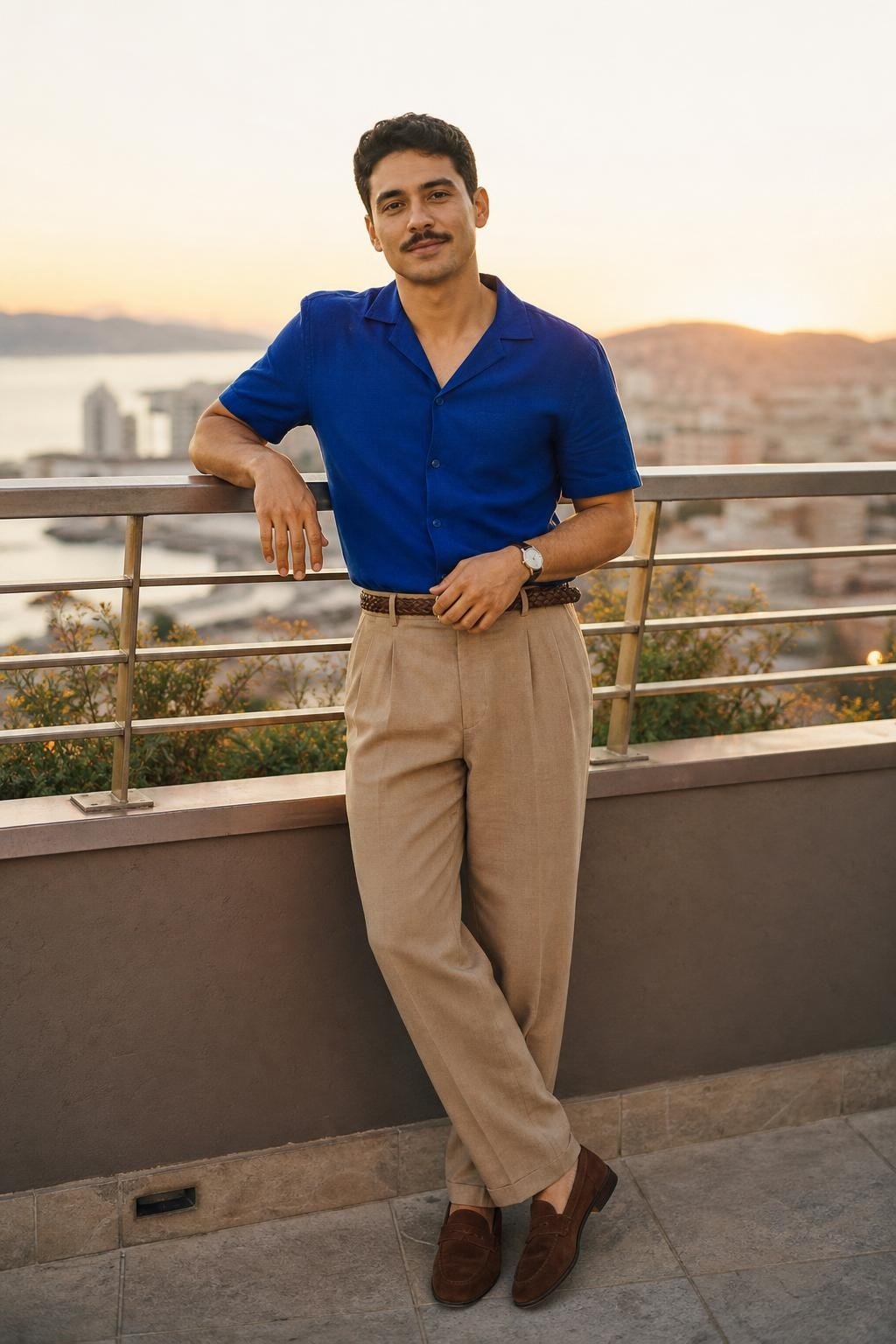 Cobalt camp-collar shirt, tan pleated trousers, brown woven belt, suede loafers, rooftop drinks at sunset (option 2)