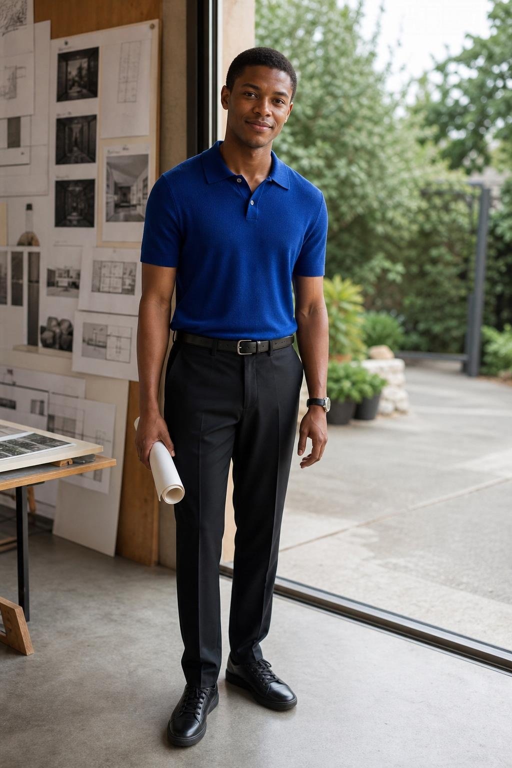 Cobalt knit polo, black tailored trousers, black leather belt, minimal sneakers, clean design studio office (option 2)
