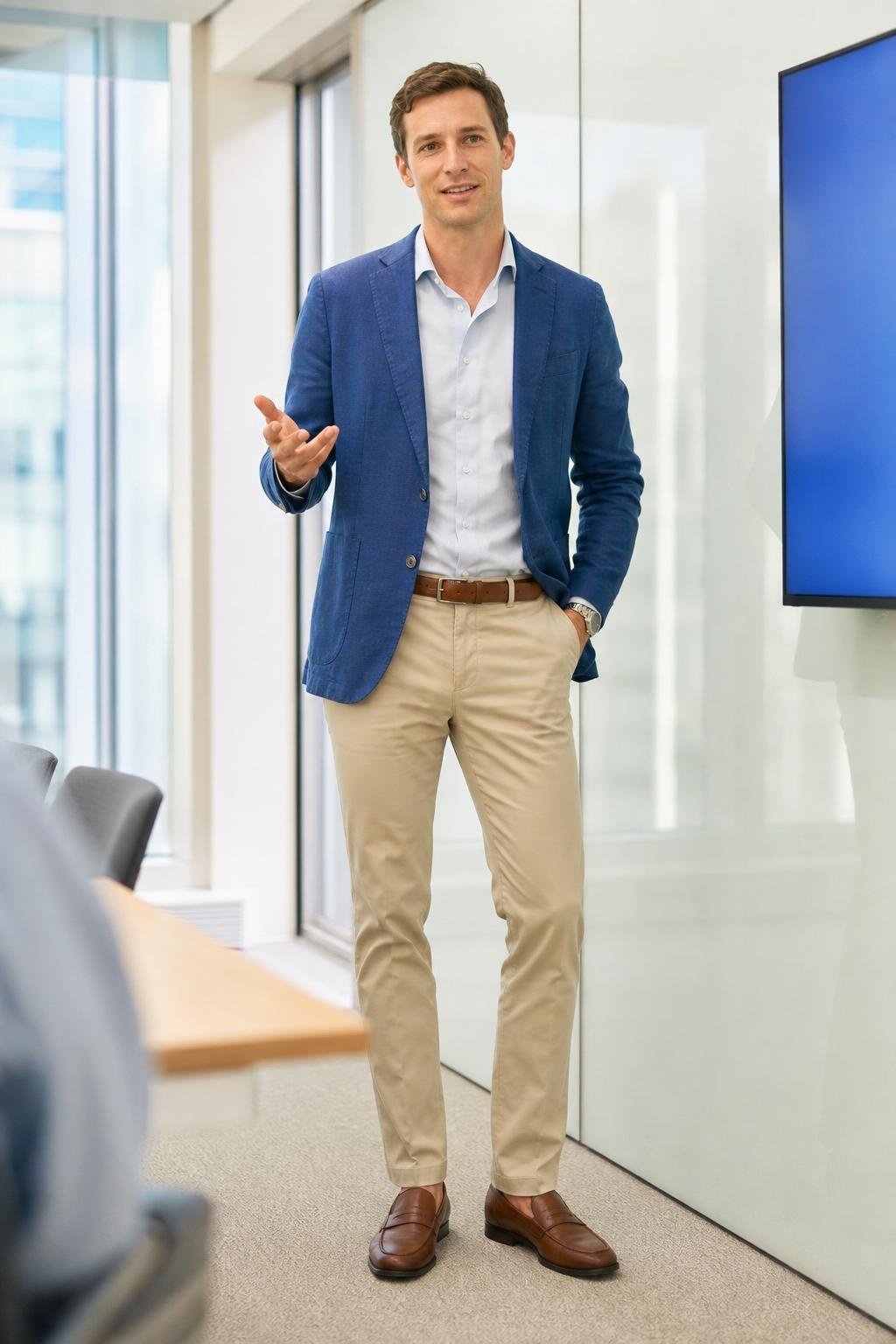 Cobalt linen blazer, pale blue shirt, sand chinos, brown loafers, bright client presentation room (option 2)