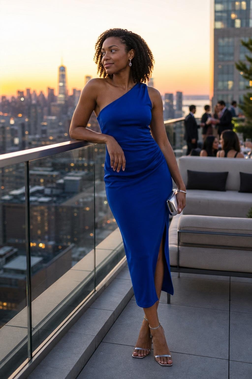 Cobalt one-shoulder midi dress with silver heels on a city rooftop at sunset (option 1)
