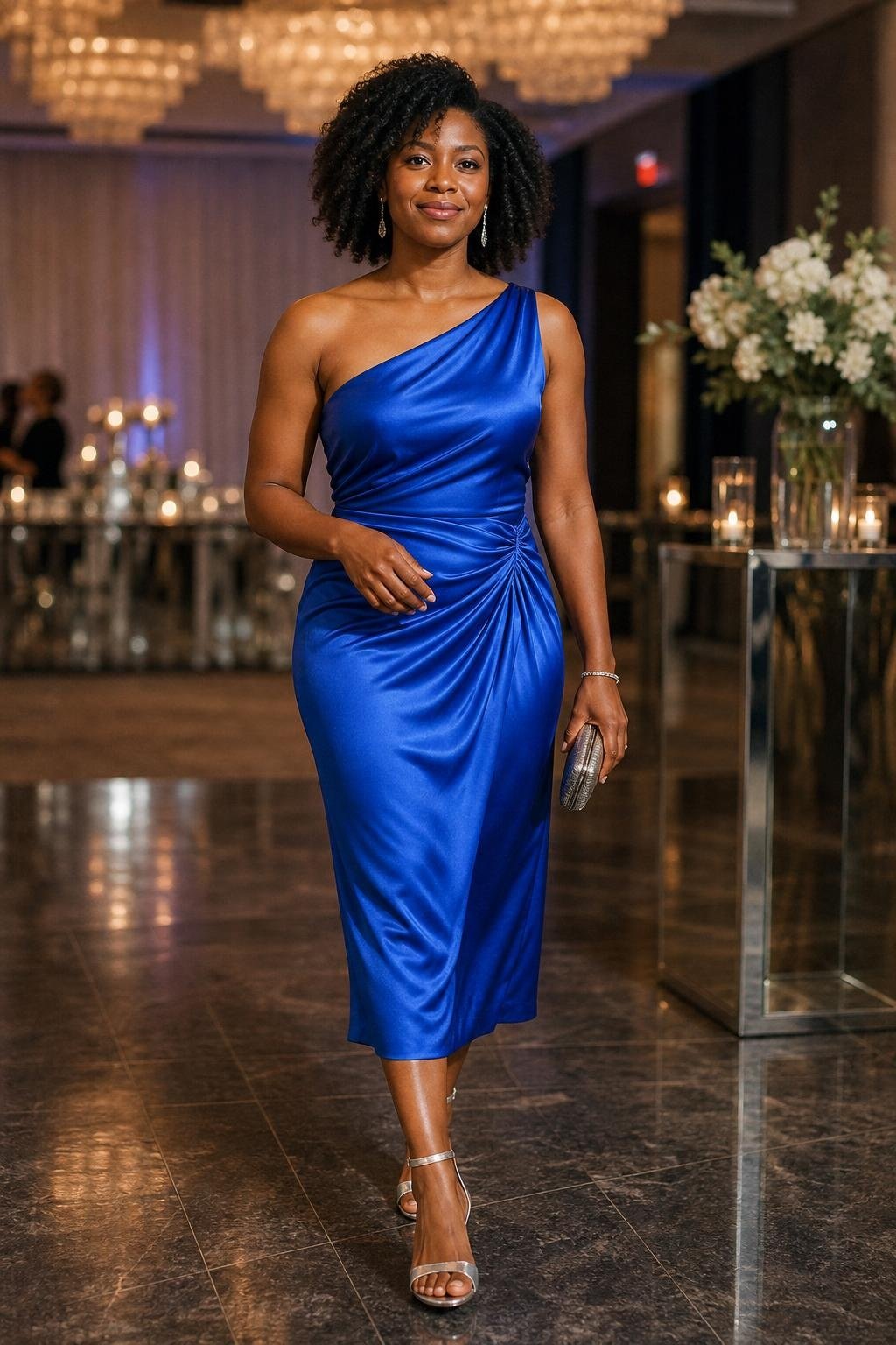 Cobalt one-shoulder satin midi dress with silver strappy sandals in a modern hotel ballroom (option 2)