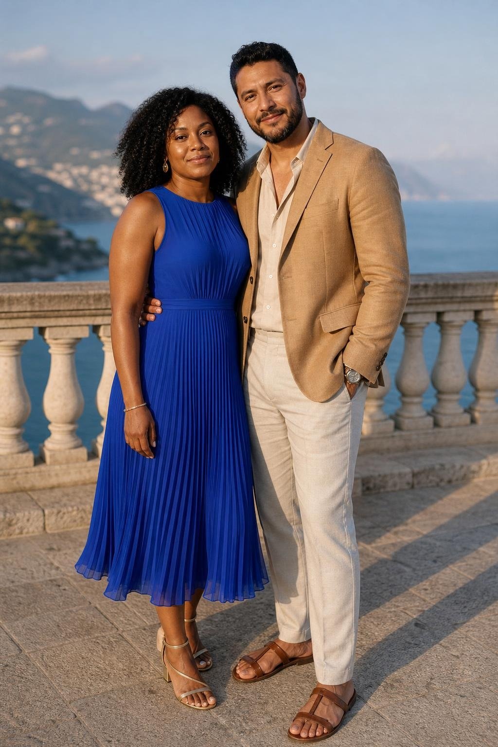 Cobalt pleated dress, camel linen blazer, pale stone trousers, strappy sandals, polished coastal overlook photos (option 2)