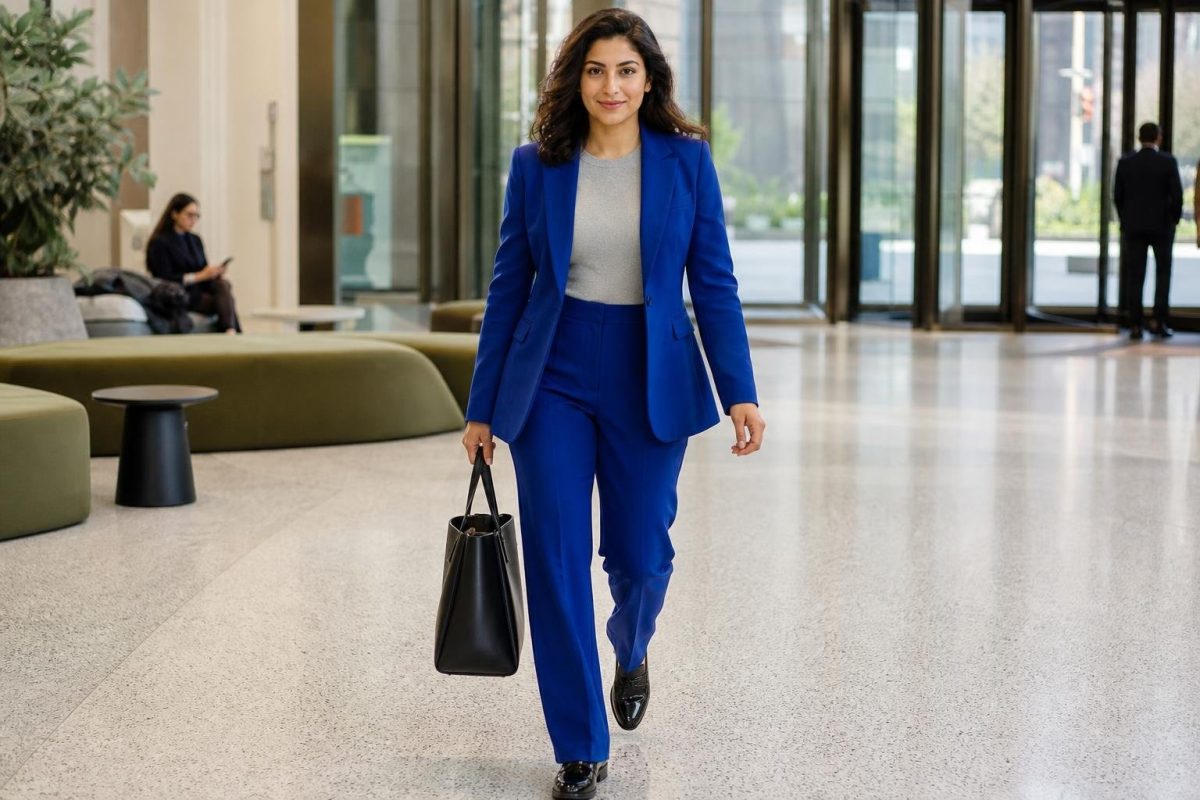 Cobalt tailored suit, soft gray knit shell, black loafers, structured tote, bright modern office lobby (option 1)