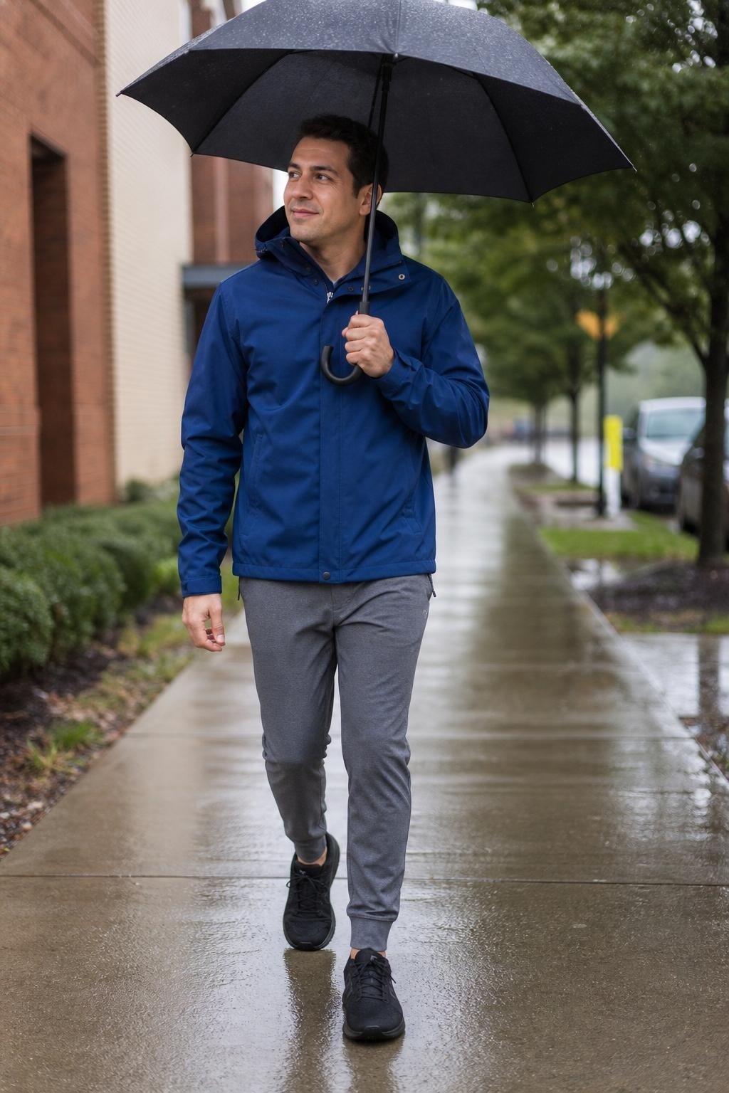 Cobalt waterproof rain jacket, gray tapered joggers, black running shoes, rainy school pickup sidewalk scene (option 1)