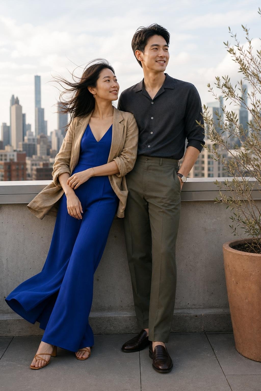 Cobalt wide-leg jumpsuit with tan linen jacket on a breezy rooftop terrace (option 2)
