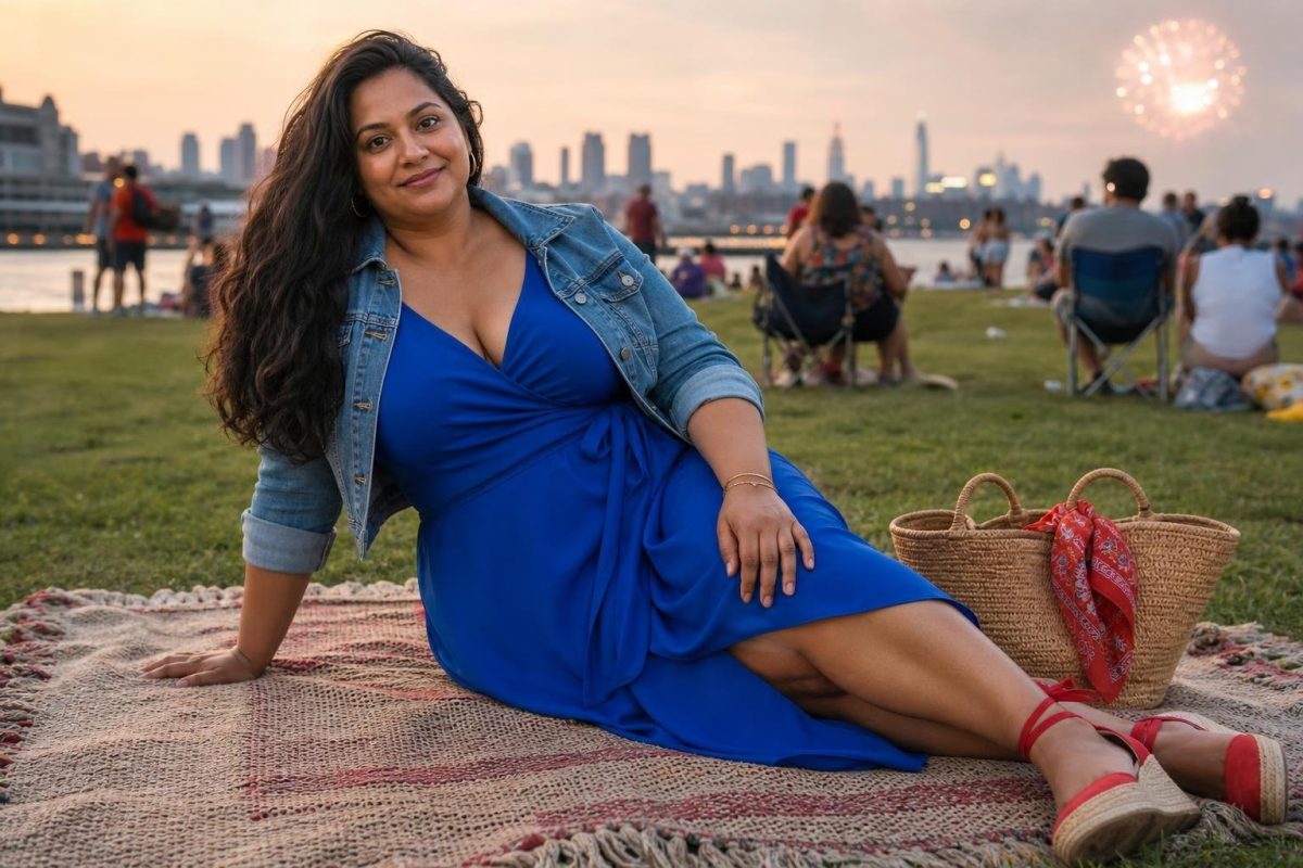 Cobalt wrap dress, red espadrilles, cropped denim jacket, woven tote, golden-hour fireworks picnic on the grass (option 1)