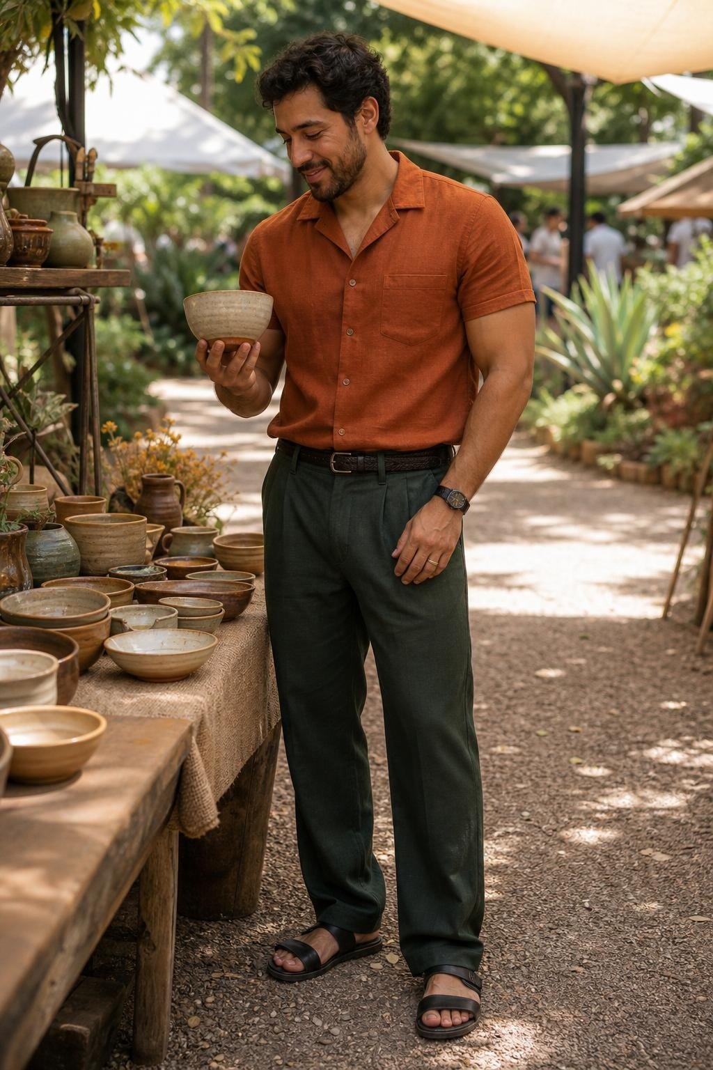 Copper camp shirt, dark green relaxed trousers, black sandals, artsy outdoor market mood (option 1)