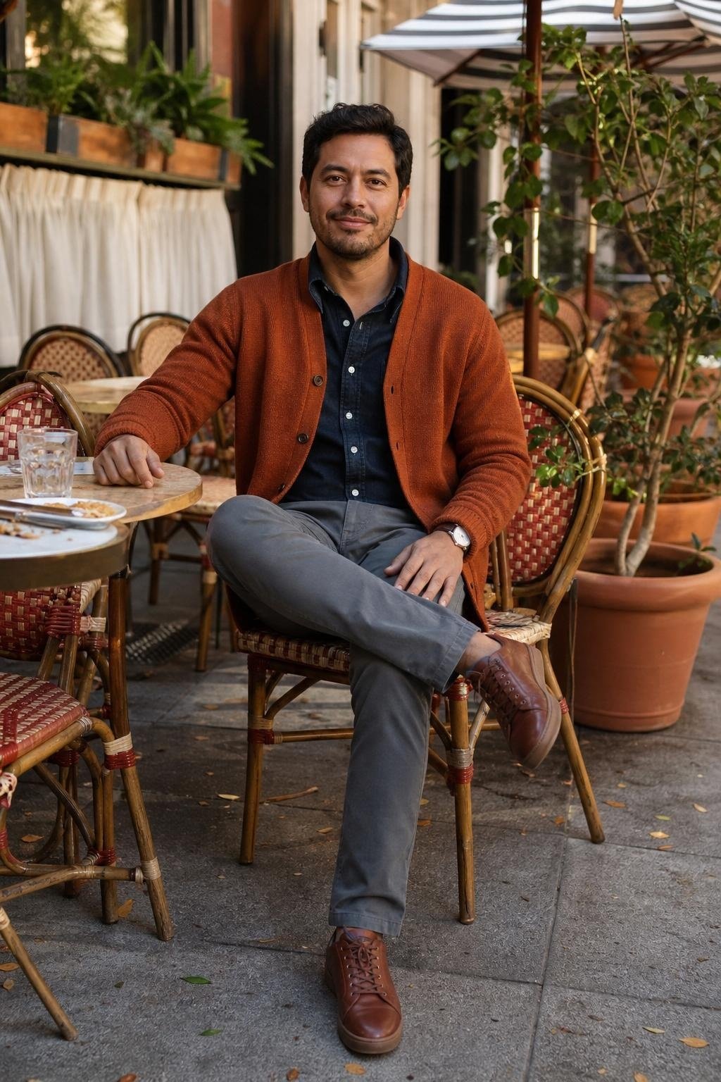 Copper cardigan, dark denim shirt, gray chinos, brown leather sneakers, casual Sunday brunch scene (option 1)