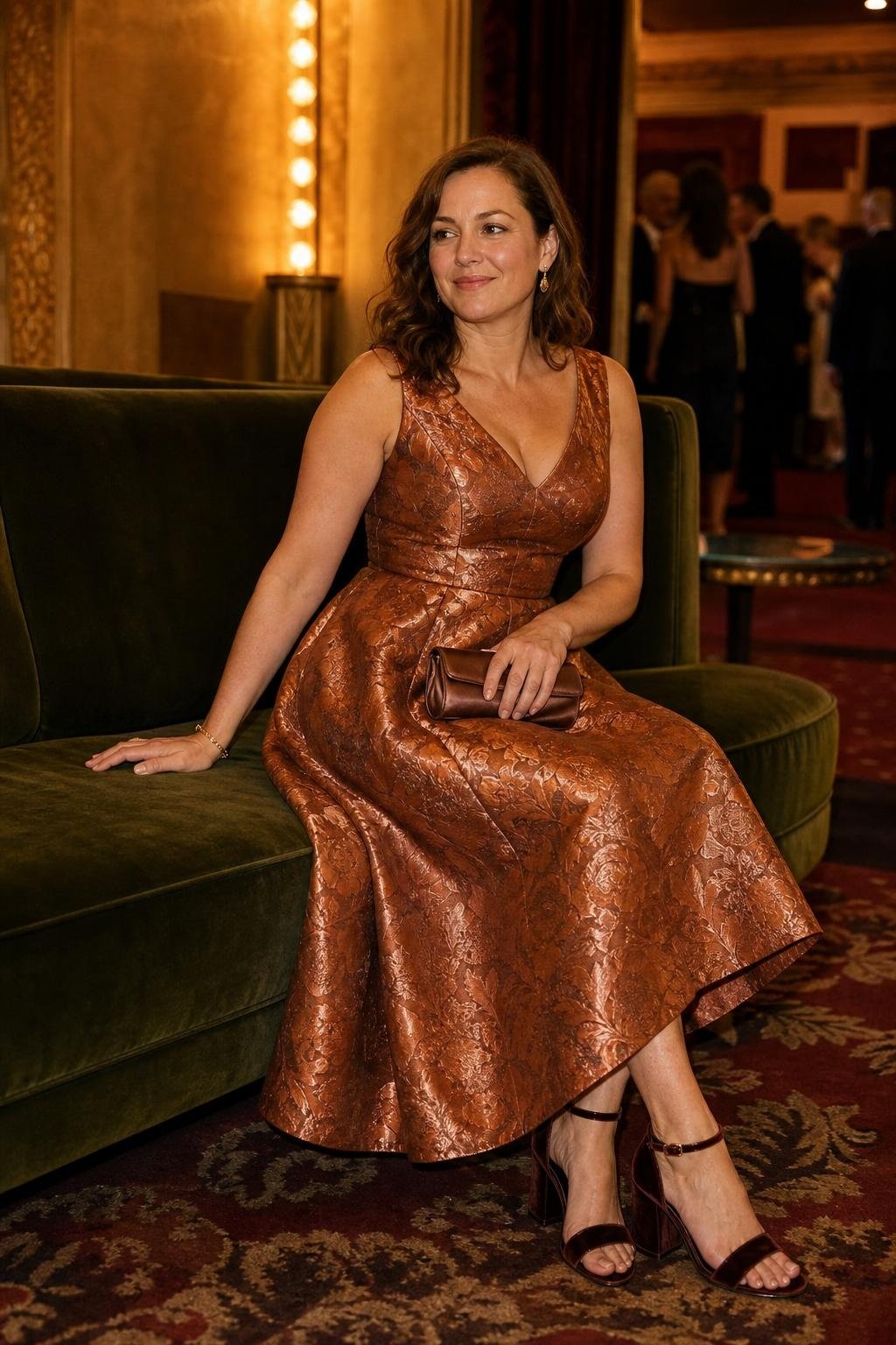 copper jacquard midi dress with velvet heels at a festive evening wedding (option 1)