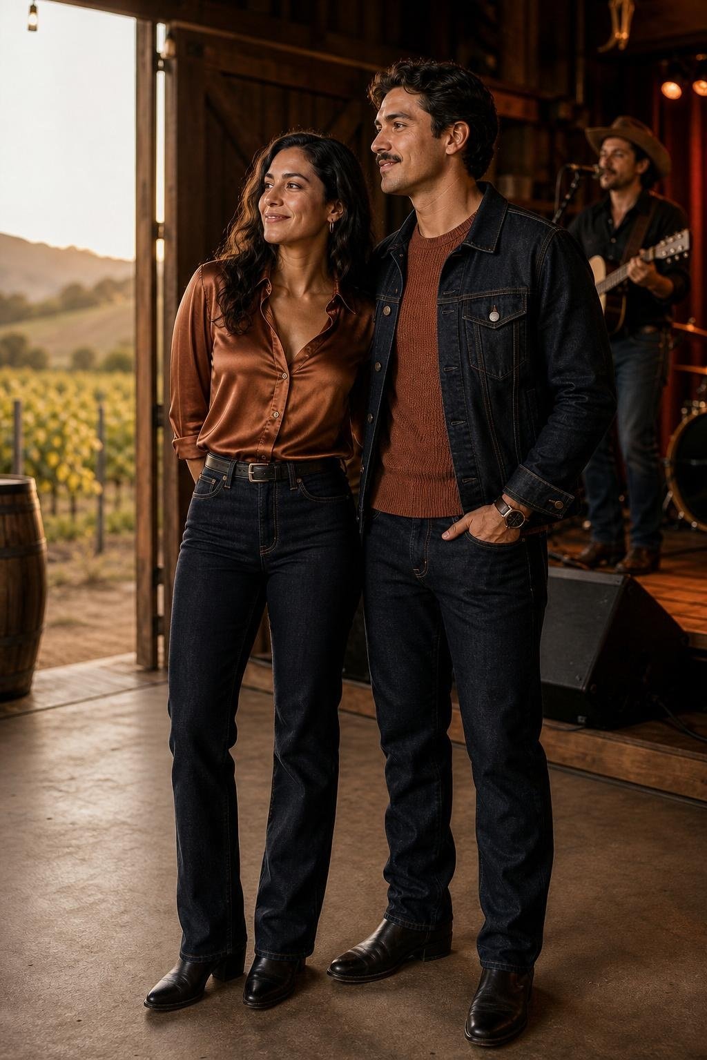 Copper satin shirt with dark rinse jeans, black boots, dark denim jacket and copper knit tee, live music bar (option 2)