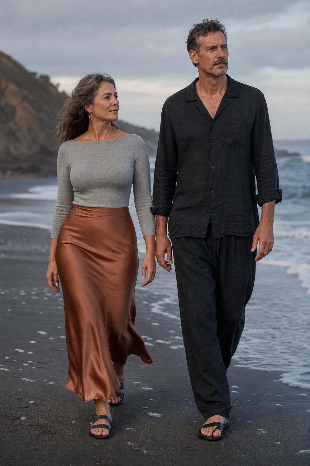 Copper satin skirt, dove gray knit top, washed black linen shirt, simple sandals, moody shoreline portraits (option 2)