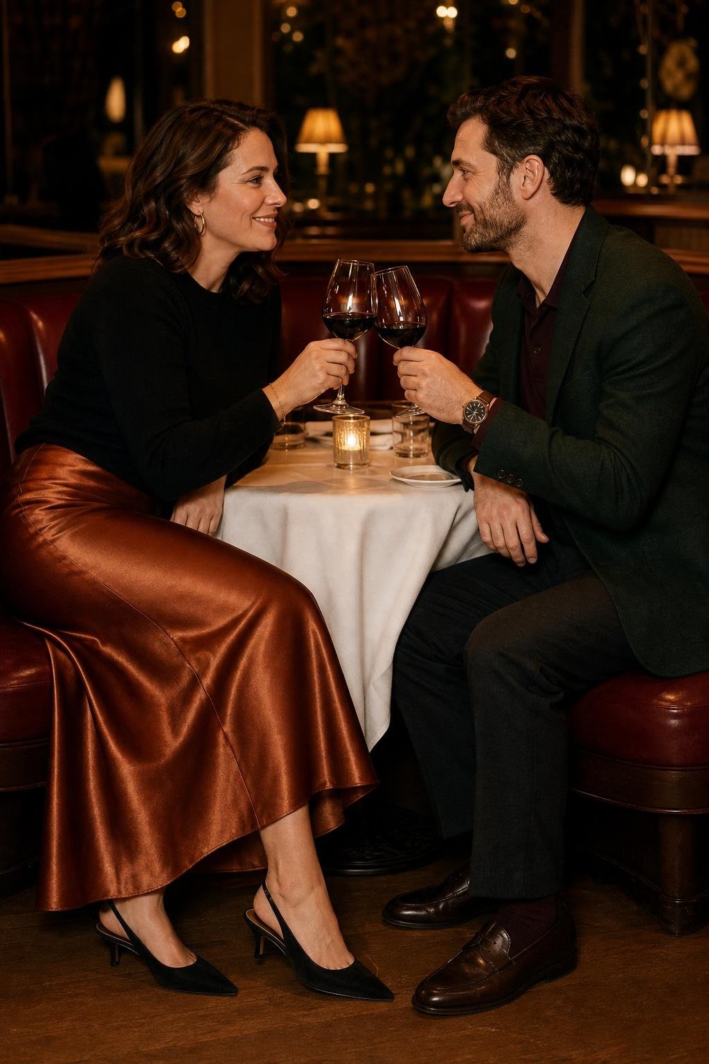 Copper satin skirt with black cashmere sweater in a candlelit restaurant booth (option 1)