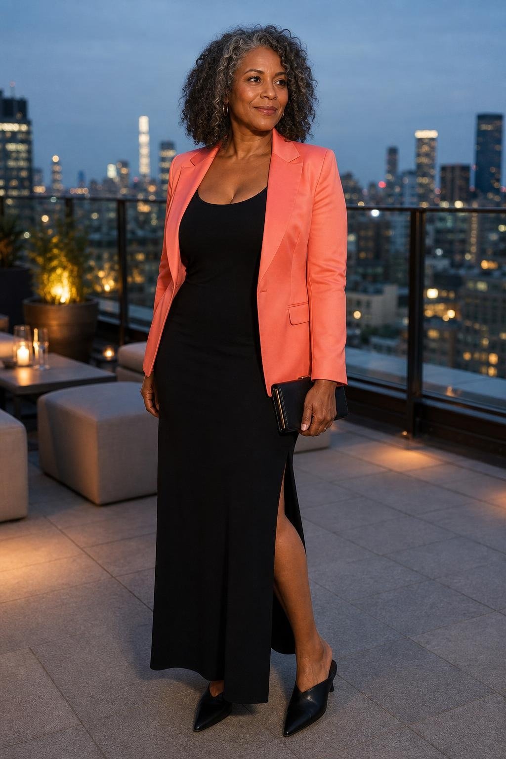 Coral blazer, black sleeveless maxi dress, pointed mules, structured clutch, rooftop evening event (option 2)