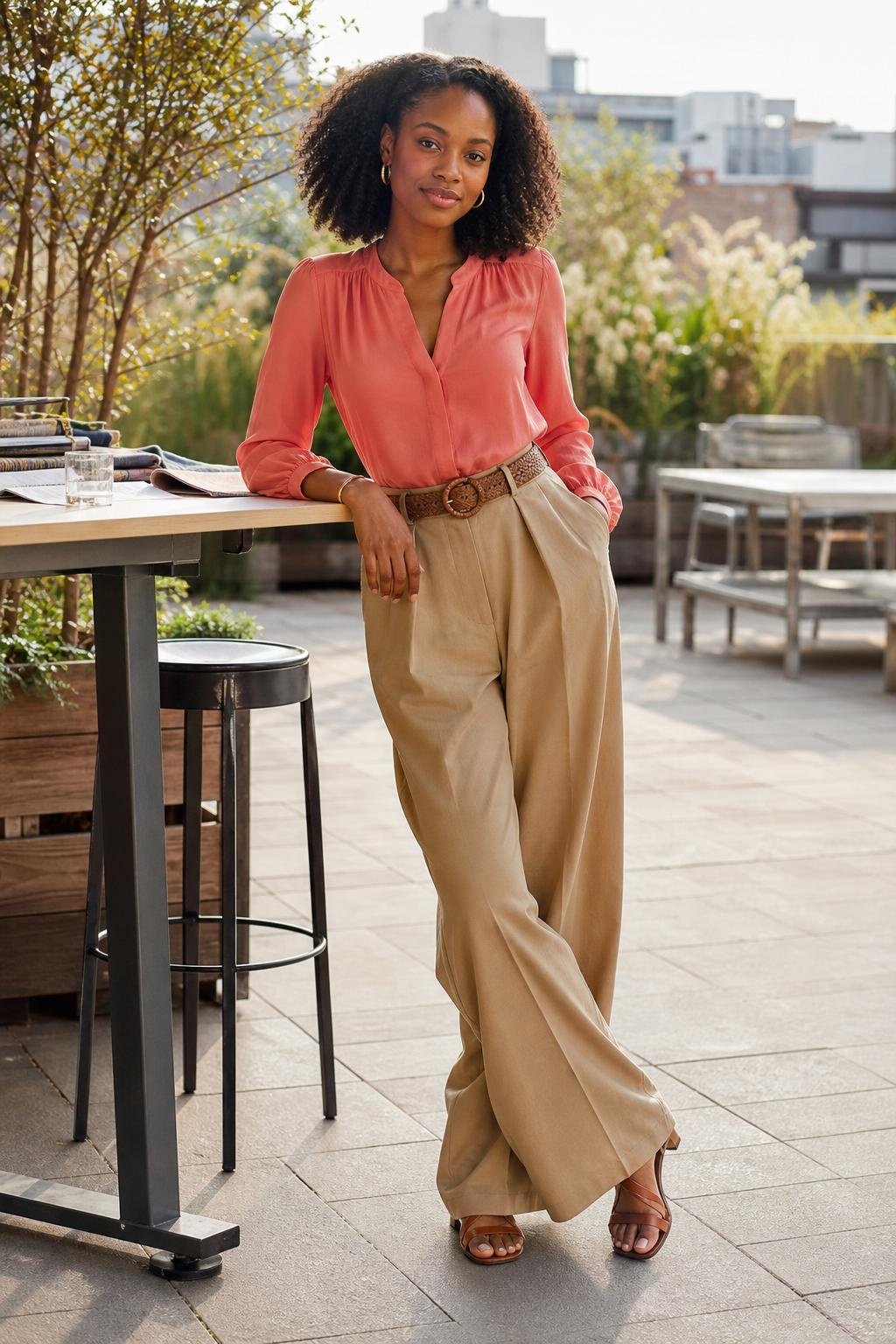 Coral blouse, tan wide-leg trousers, woven belt, brown sandals, bright agency office workspace (option 2)