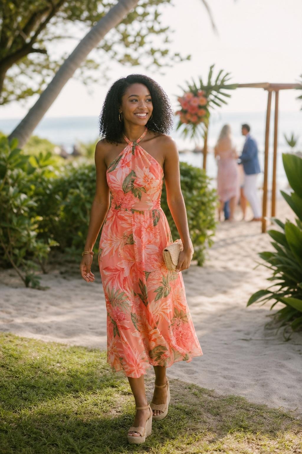 Coral floral halter dress with raffia wedges at a cheerful destination wedding welcome ceremony (option 1)